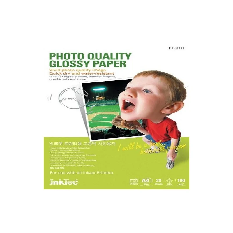 Papel Glossy foto, 190gr, A4, 20 hojas, InkTec