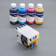 Cartouches rechargeables pour Brother LC980, LC985, LC1100 BK, C, M, Y + 100 ml d'encre par couleur