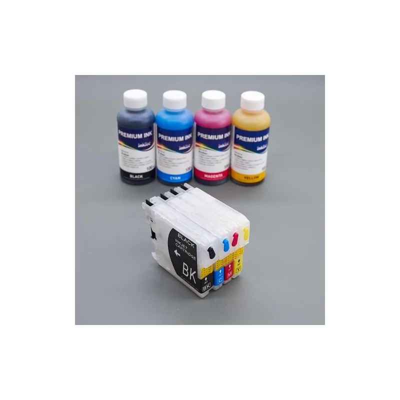 Tinteiros recarregáveis para Brother LC980, LC985, LC1100 BK, C, M, Y + 100ml de tinta por cor