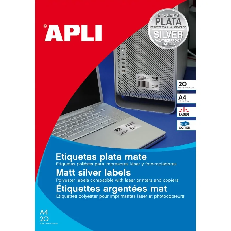 APLI Etiquetas Poliester Plata A4 20hojas de A4 para impresión láser