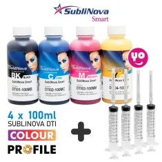 PACK Sublimación para cartuchos recargables, 4 x 100ml de tinta de SubliNova Smart by InkTec. Tinta DTI con perfil de color