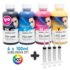 PACK Sublimação para tinteiros recarregáveis, 4 x 100ml SubliNova Smart ink da InkTec. Tinta DTI com perfil de cor