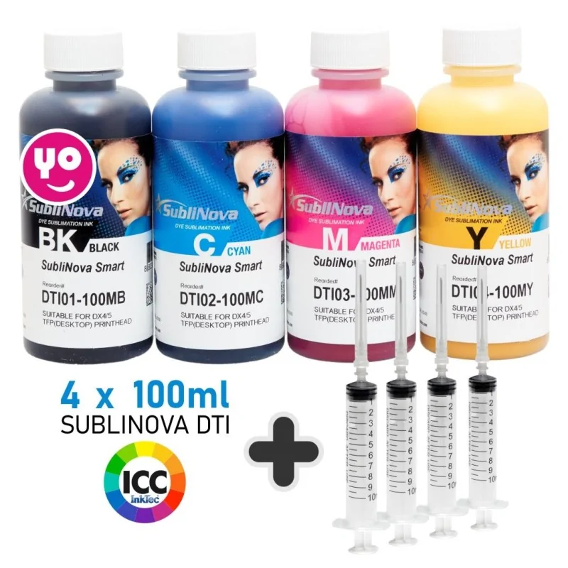 PACK Sublimação para tinteiros recarregáveis, 4 x 100ml SubliNova Smart ink da InkTec. Tinta DTI com perfil de cor