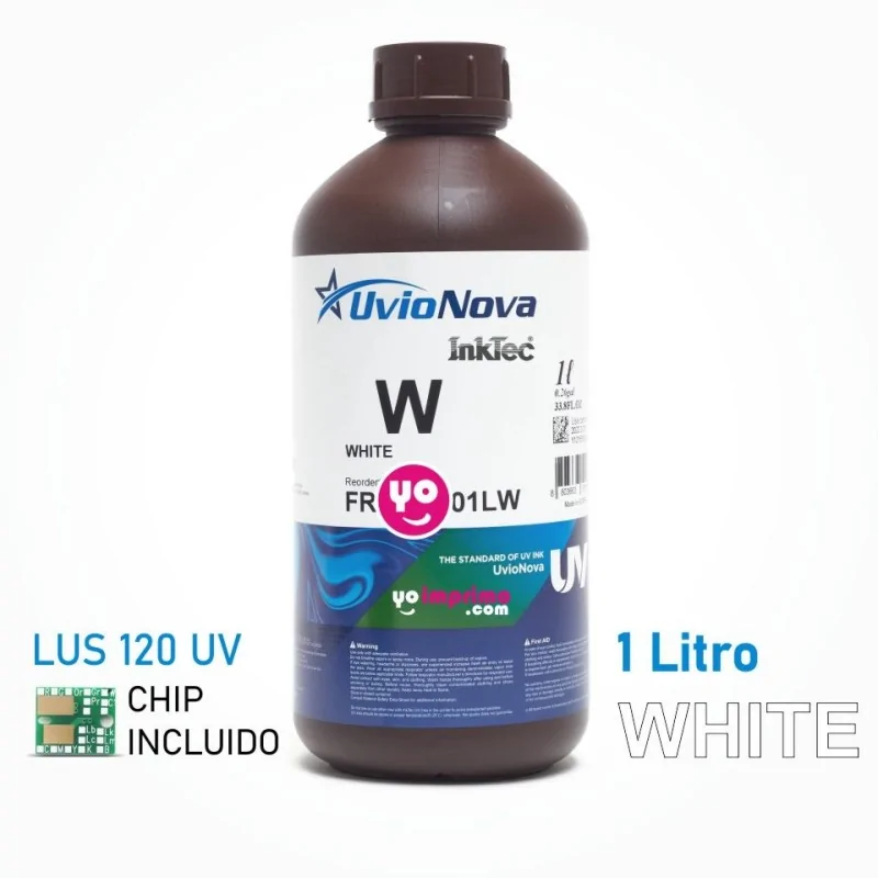 1L de tinta UV branca, compatível com Mimaki LUS-120 (chip incluído). InkTec UvioNova, FR120