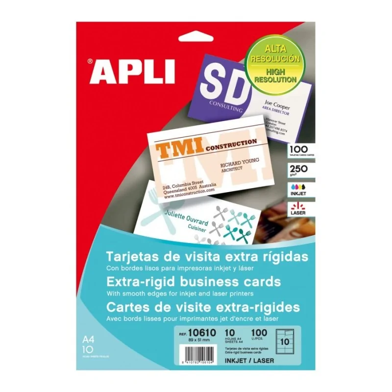 APLI Tarjetas de visita rígidas 250gr 89x51mm 10 hojas x10pc