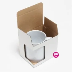 Caja para tazas de sublimación con ventana, cartón blanco y marrón, medida estándar 11oz