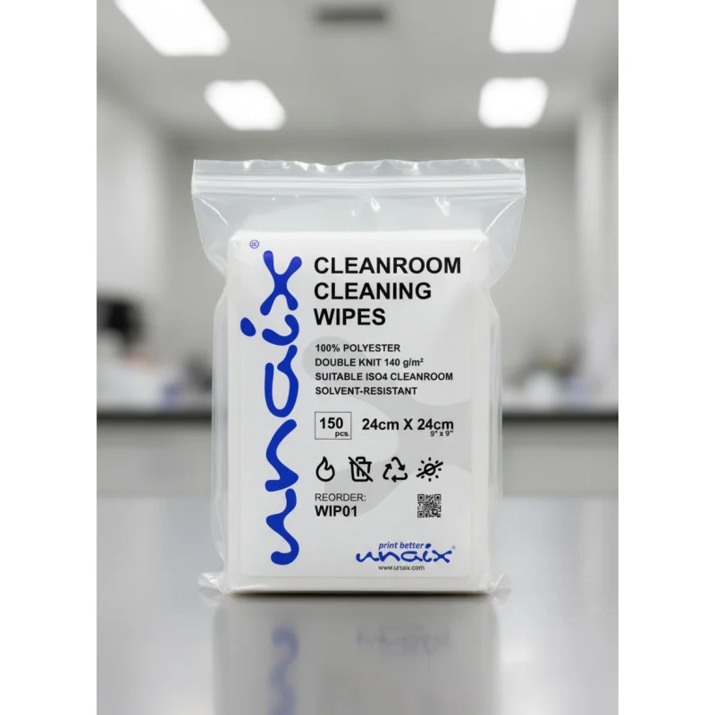 150 lingettes nettoyantes 24x24 cm UNAIX®, spécialement conçues pour l'électronique et les têtes d'impression (sachet de 150 uni