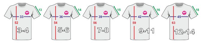 Tabla de tallas camisetas para sublimación infantiles